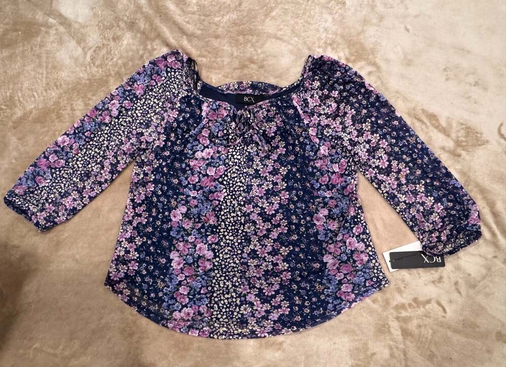 BCX Women’s Floral Print Tie-Neck Blouse Size Small Boho Long Sleeve Top